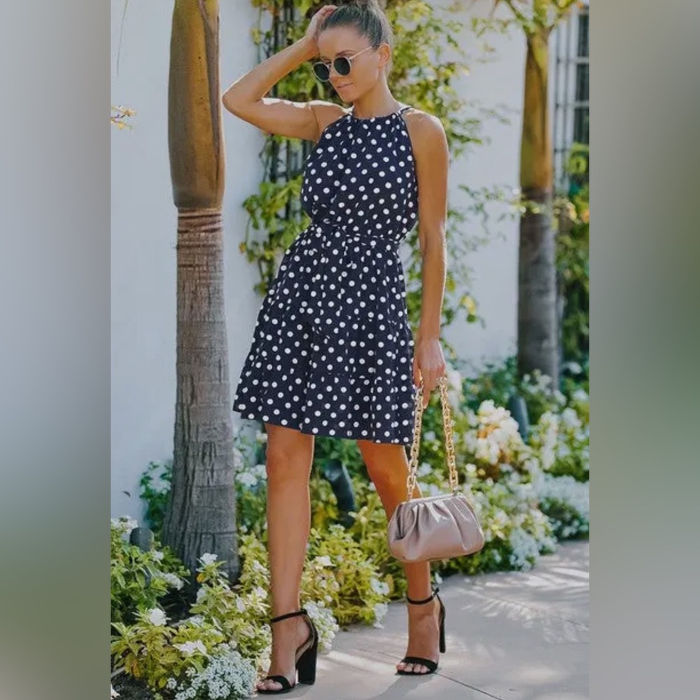Navy Blue Polka Dot Halter Neck Ruffled Short Dress